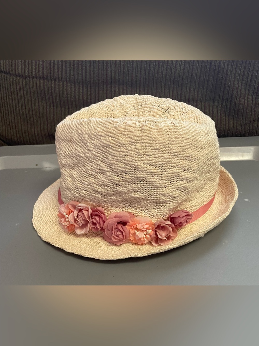 Cream Straw Cloche Hat with Pink Flower Bands